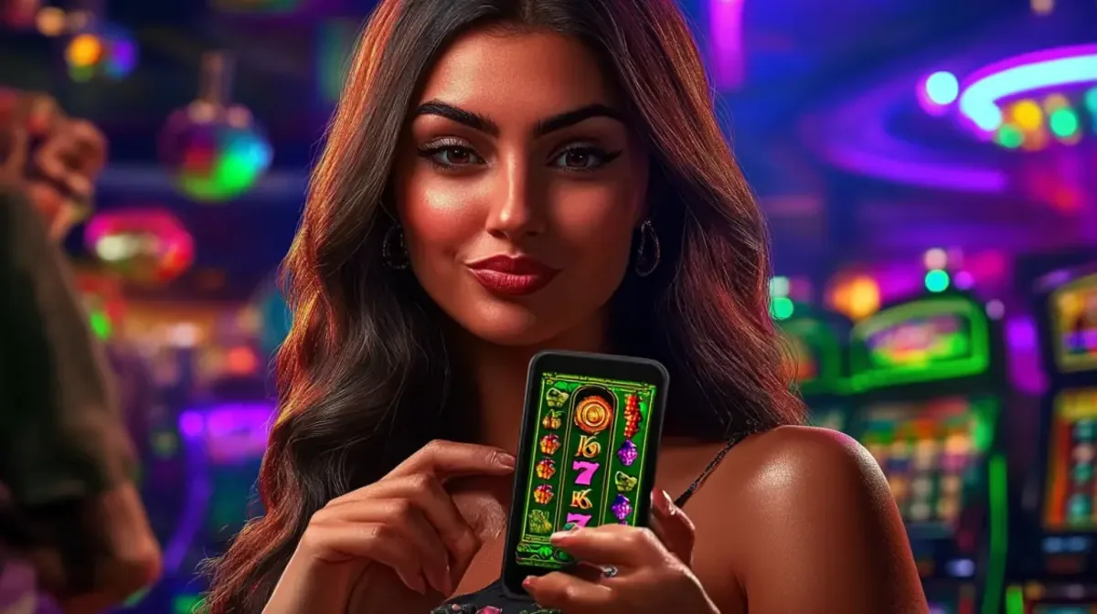 A smiling woman holds up a smartphone to show a colorful slot game on the screen, set against a brightly lit, blurred background of a lively casino or arcade.
