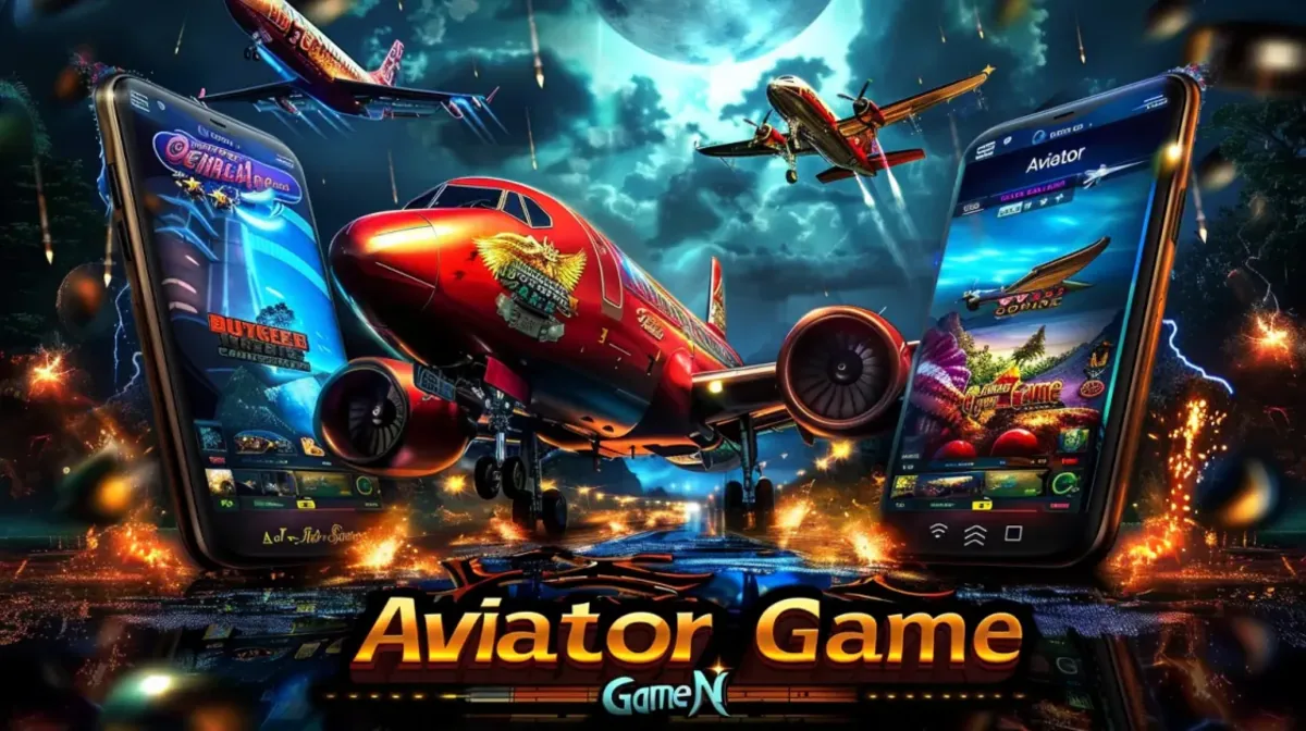 A multi-device promotion for the Aviator Game, showing the game on several smartphones with different screens, all featuring a red plane with dragon decals.