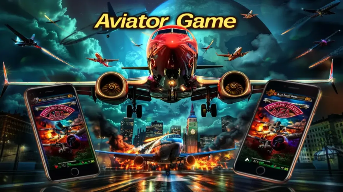 A promotion for the Aviator Game showcasing the game on two smartphones, with a large red passenger plane flying over a city at night.