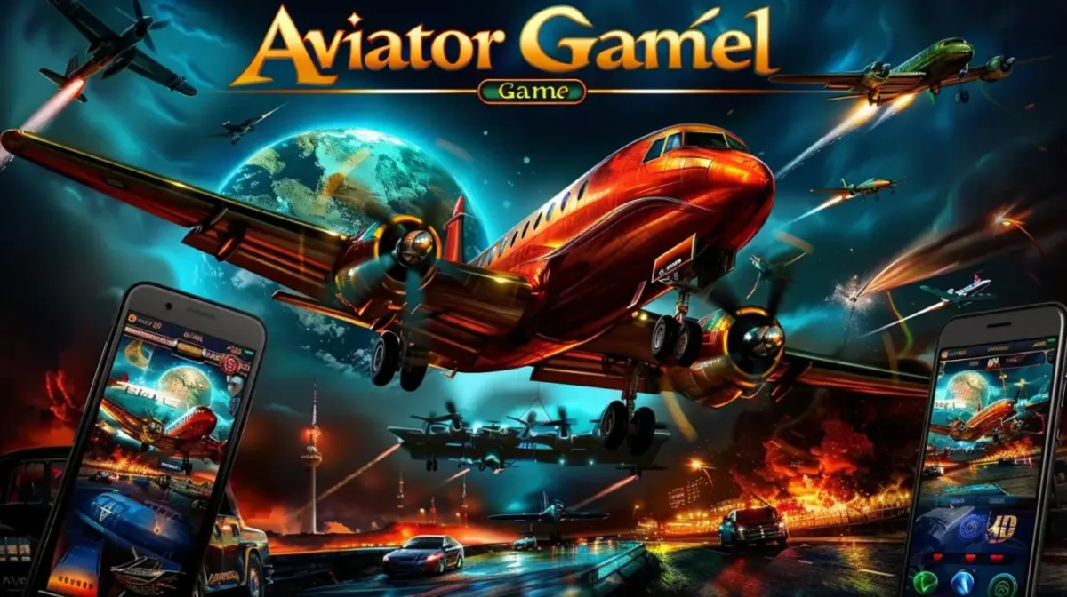 An exciting promo for the Aviator Game featuring a classic red propeller plane flying over a city, with two mobile phones displaying the game's interface.