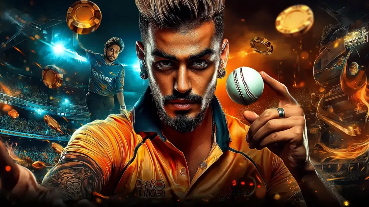 A dynamic promotion for cricket betting featuring a stylized, tattooed cricket player holding a ball in the foreground, with another player in action behind him.
