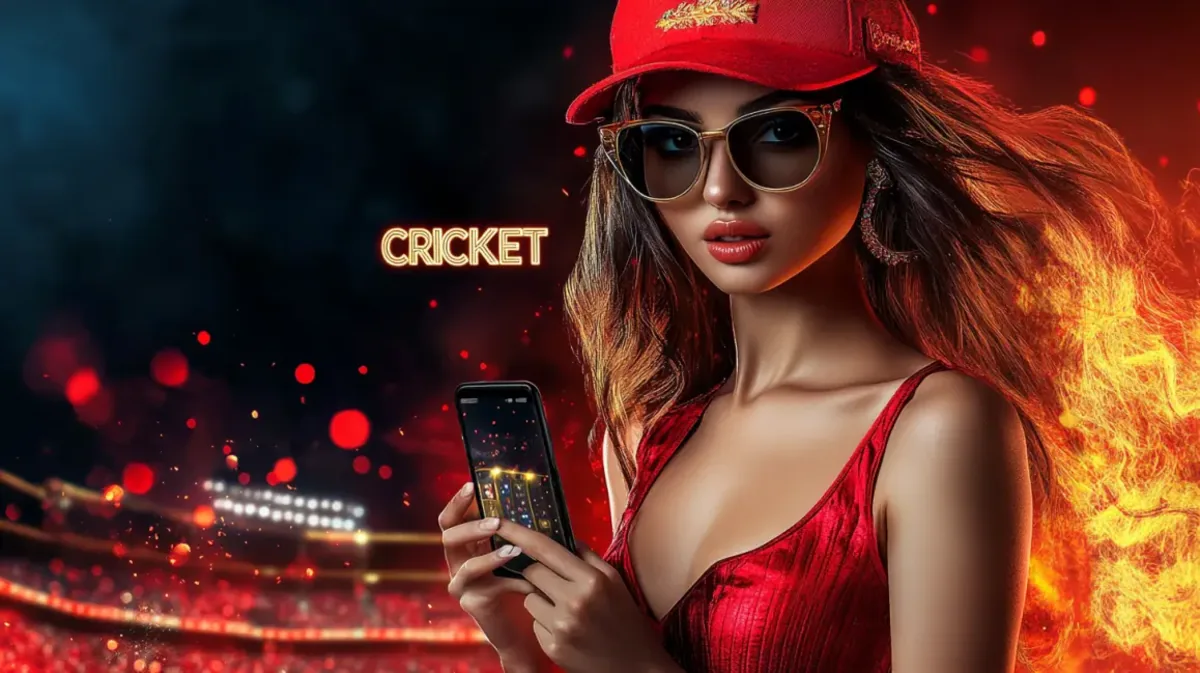 A stylish woman in a red cap and sunglasses holds a smartphone for mobile betting, set against a fiery, dramatic backdrop of a cricket stadium at night.