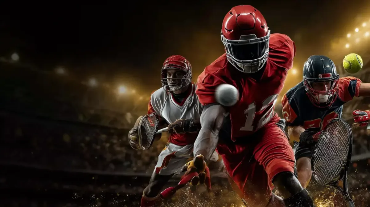 A dynamic collage for sports betting, featuring athletes from American football, baseball, and tennis in action poses against a dark stadium background.