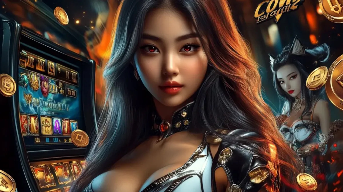 An alluring Asian woman with glowing red eyes and fox ears poses in a vibrant casino setting, with slot machines and falling gold coins in the background.