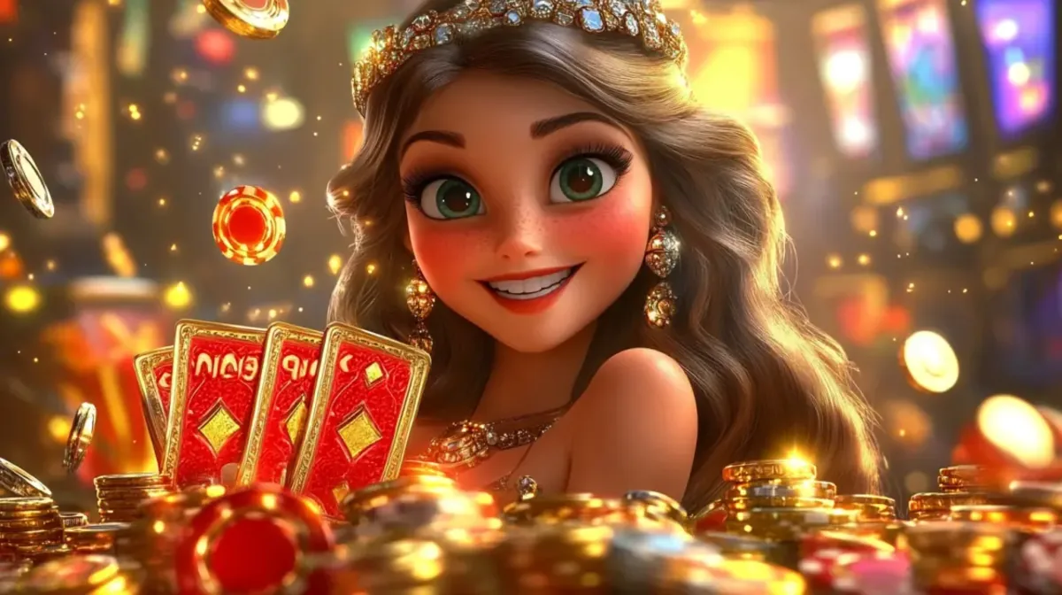 A smiling cartoon princess with a tiara shows off a winning hand of cards while sitting amidst piles of gold coins and poker chips in a sparkling casino.