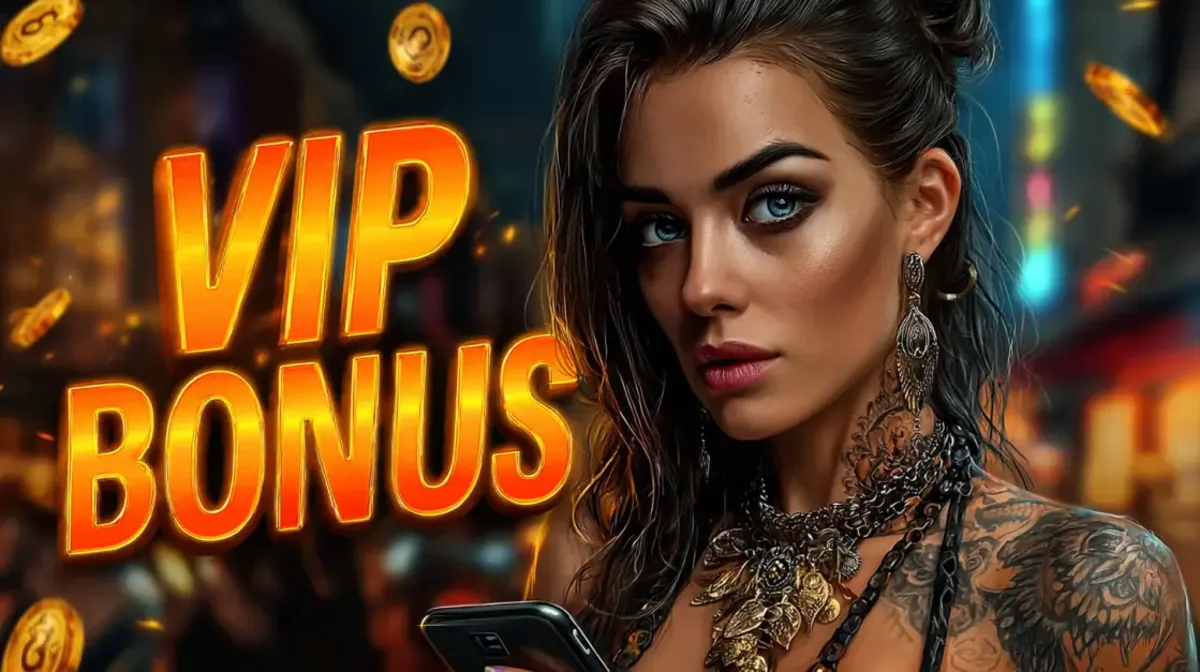 A promotion for a VIP BONUS featuring a close-up of a stylish, tattooed woman looking intensely at the camera, with the text glowing against a blurred casino background.