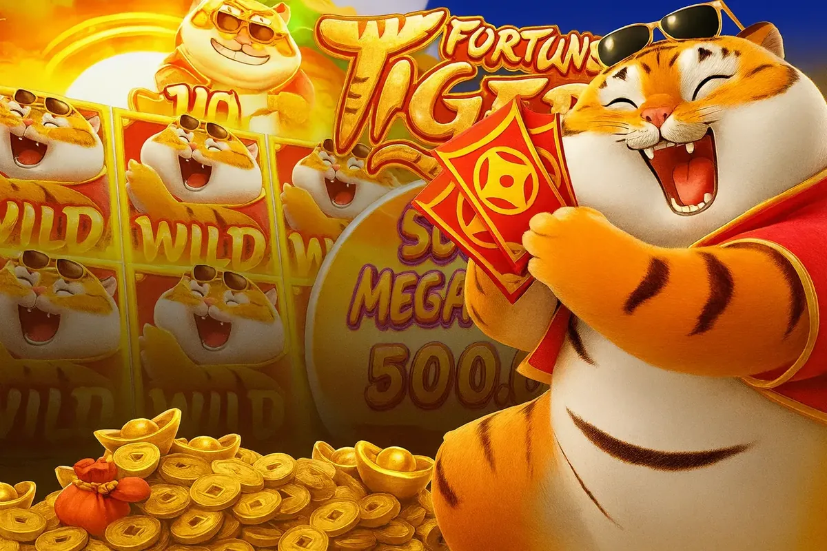Happy Fortune Tiger holding red envelopes with wild symbols and piles of gold coins, big win scene in the slot game