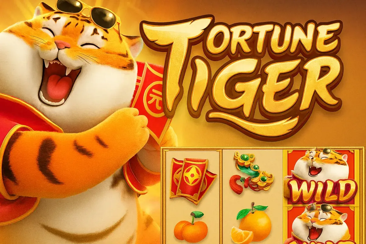 Smiling cartoon tiger wearing sunglasses and holding red envelopes, Fortune Tiger slot game main character