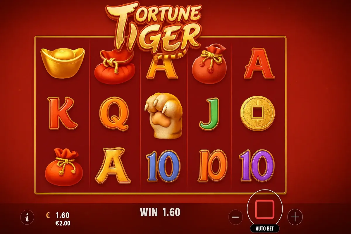Fortune Tiger slot reels with golden ingots, money bags, tiger paw symbol, and classic card icons on a red background