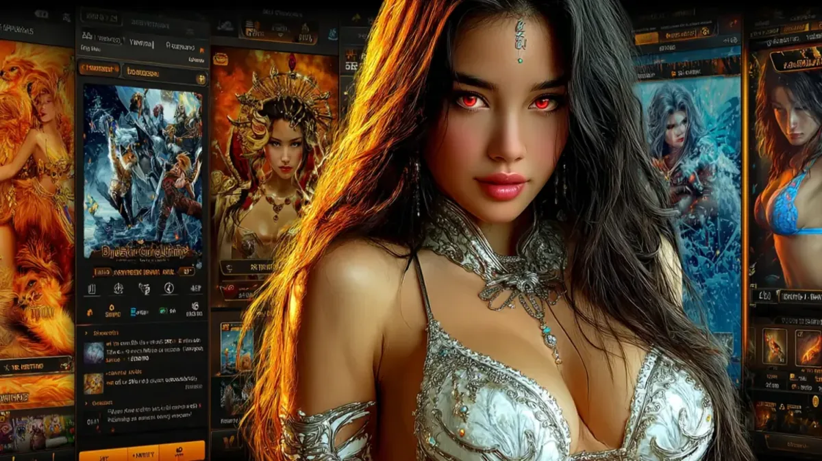 A beautiful woman with glowing red eyes and ornate silver armor stands in front of a background showcasing a vast library of fantasy-themed online game characters.