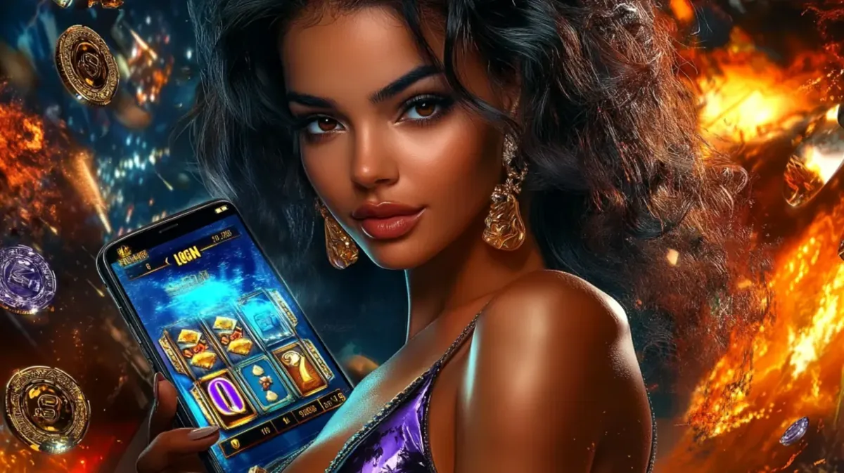 A close-up of a beautiful woman holding a smartphone. The phone screen shows a slot game with blue and fiery symbols, matching the dynamic background.