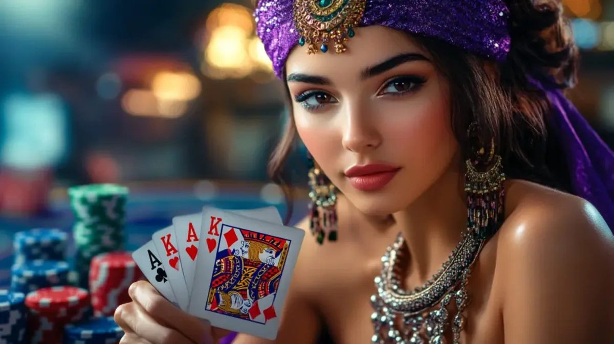 An elegant woman wearing a purple turban and ornate jewelry holds a winning poker hand of a full house, aces over kings, at a poker table.