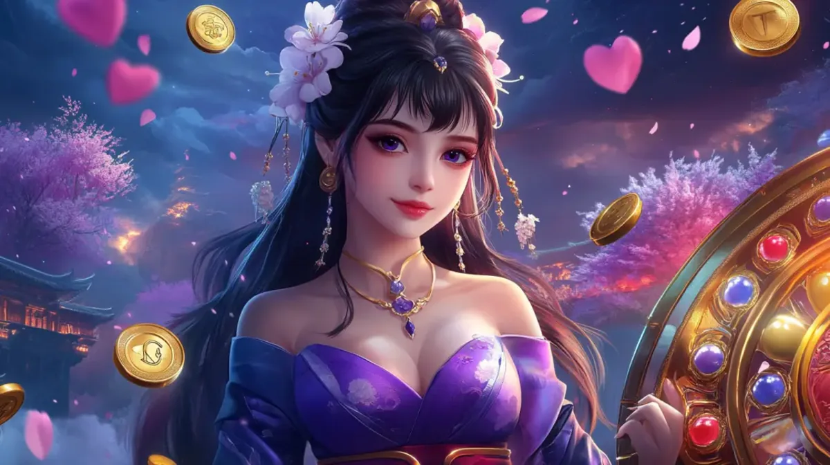 A beautiful Asian woman in a purple traditional dress with flowers in her hair is featured in a magical casino setting. Pink hearts and gold coins float around her.