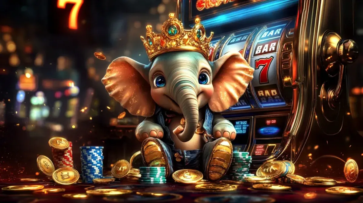 A cute, crowned baby elephant sits in front of a slot machine in a casino, surrounded by stacks of gold coins and poker chips.