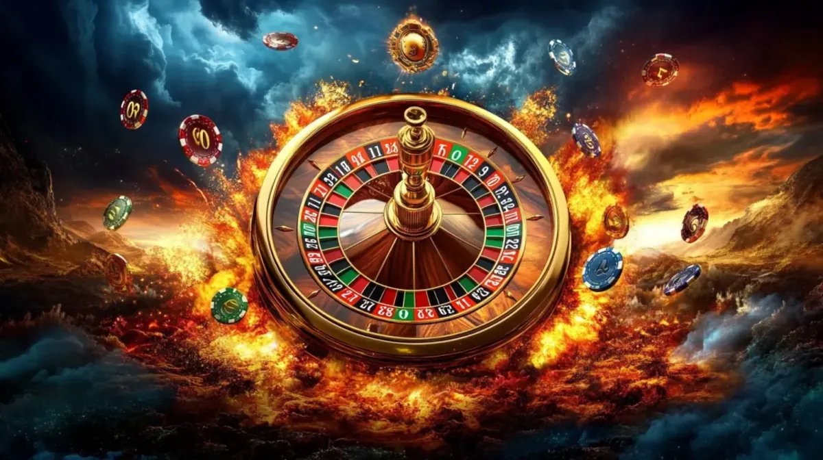 A dramatic image of a golden roulette wheel emerging from a fiery explosion under a stormy sky. Casino chips fly through the air, adding to the epic atmosphere.