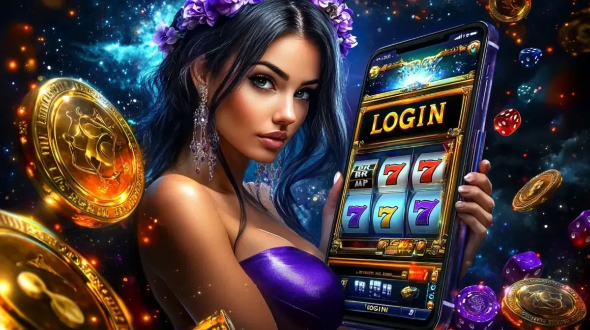 A beautiful woman with purple flowers in her hair holds a smartphone showing a 777 slot LOGIN screen, set against a vibrant, cosmic background with floating gold coins.