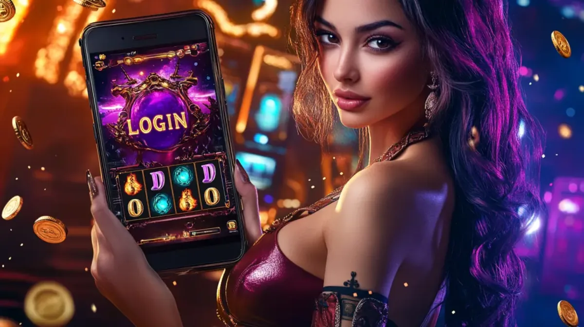 A beautiful woman with purple highlights in her hair holds a smartphone. The screen displays a purple-themed slot game with a prominent LOGIN button.