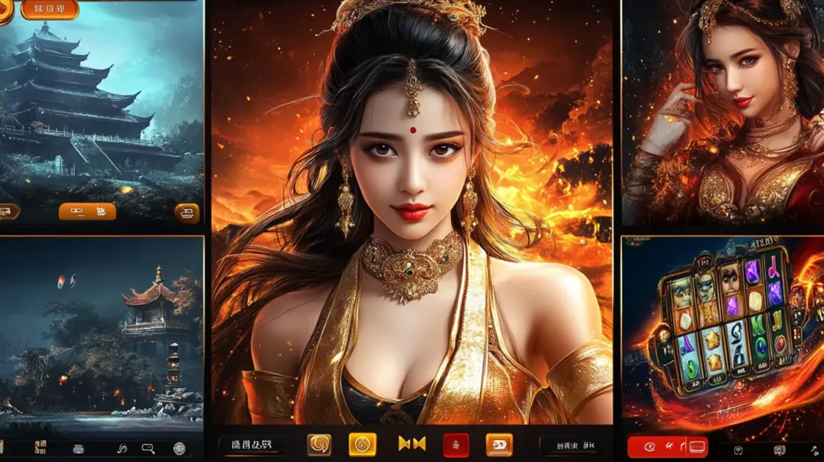 A showcase of an Asian fantasy-themed gaming app's interface, featuring a beautiful woman in ornate golden attire at the center of a game selection screen.