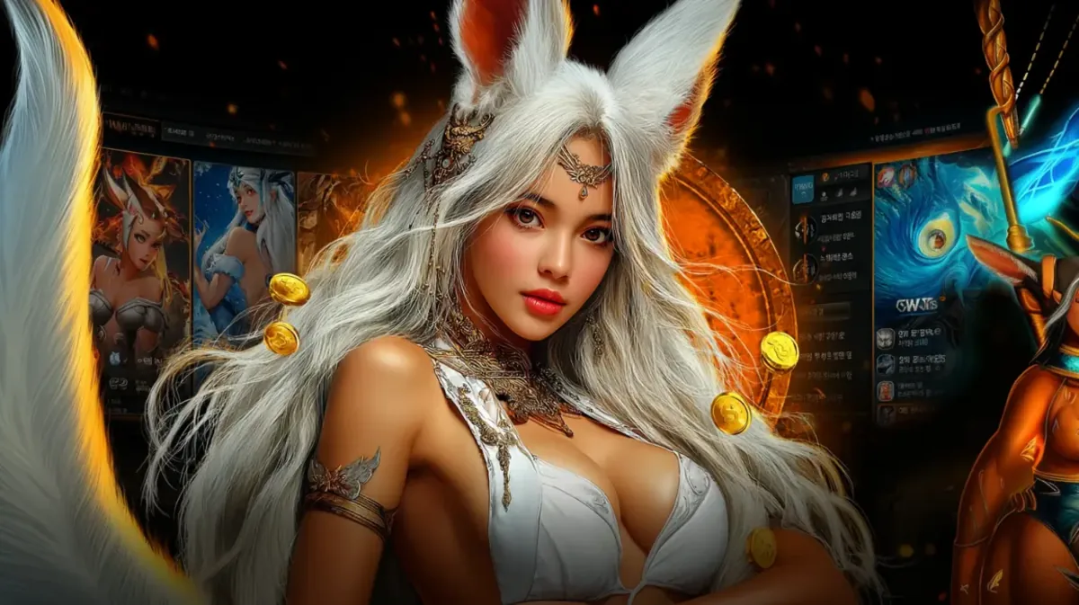 A beautiful woman with long white hair and large fox ears stands in front of a digital interface showcasing various characters from a fantasy game.