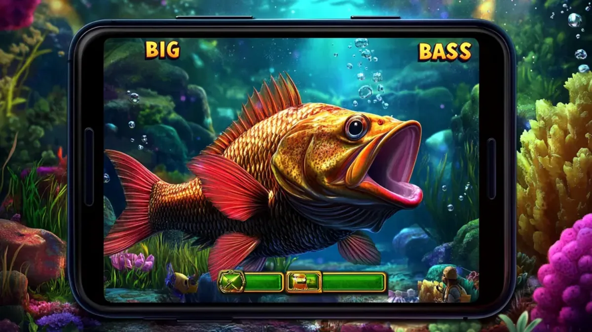 A smartphone displays the BIG BASS slot game, showing a large, detailed fish with red fins swimming in a vibrant underwater coral reef environment.
