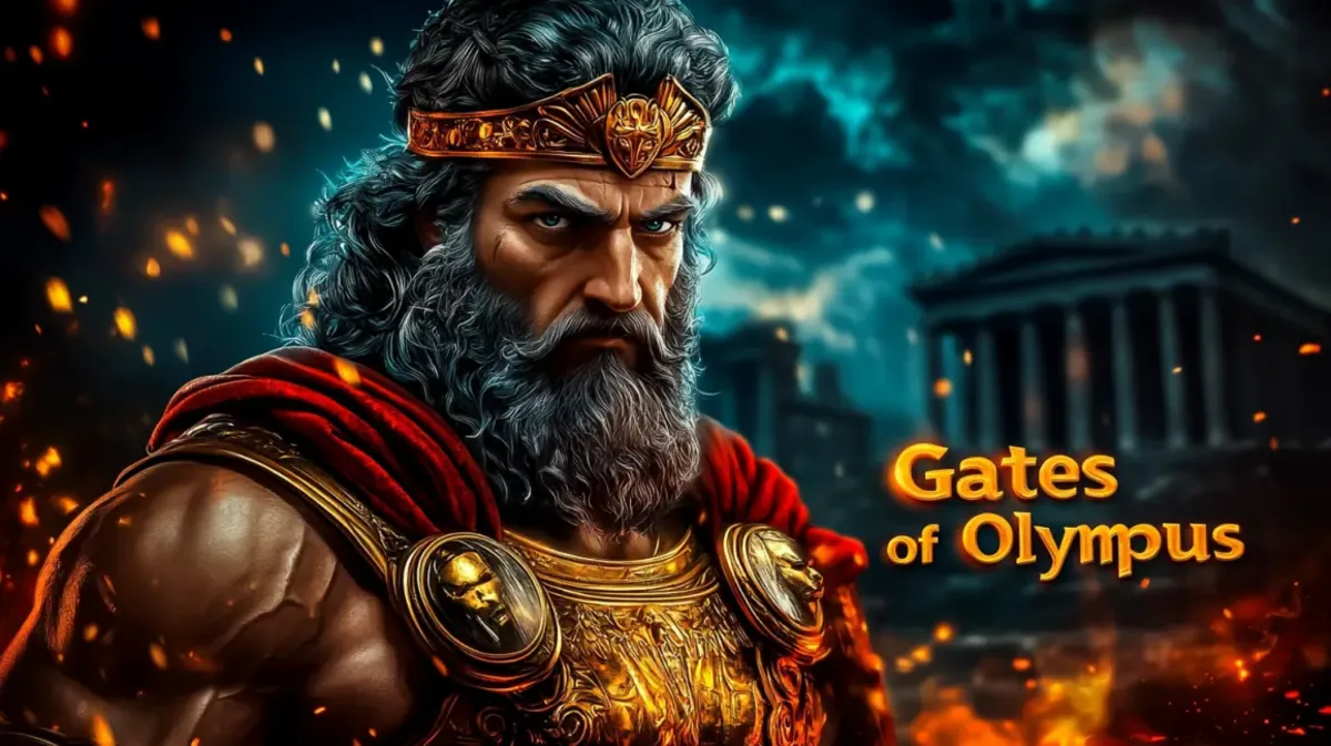 A powerful, bearded Zeus in golden armor from the Gates of Olympus slot game, stands before ancient, fiery temples under a stormy sky.