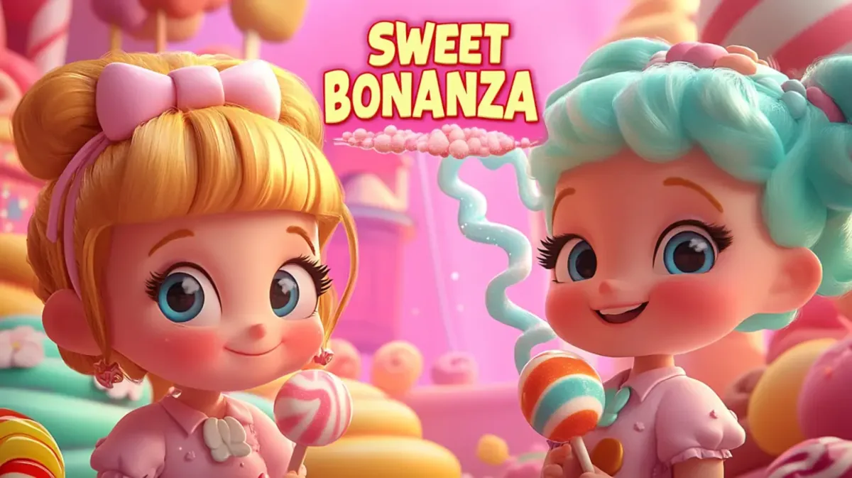 A promotional image for the Sweet Bonanza slot game featuring two cute, big-eyed cartoon girls in a colorful world made of candy and sweets.
